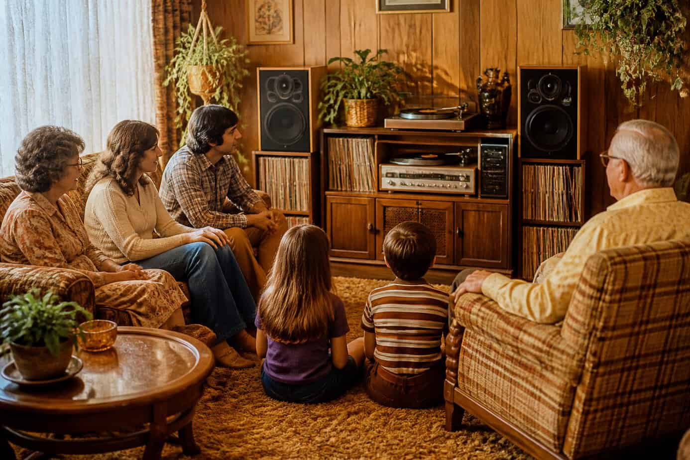 A multi-generational family sitting together in a living room listening to vinyl records on a vintage stereo system.