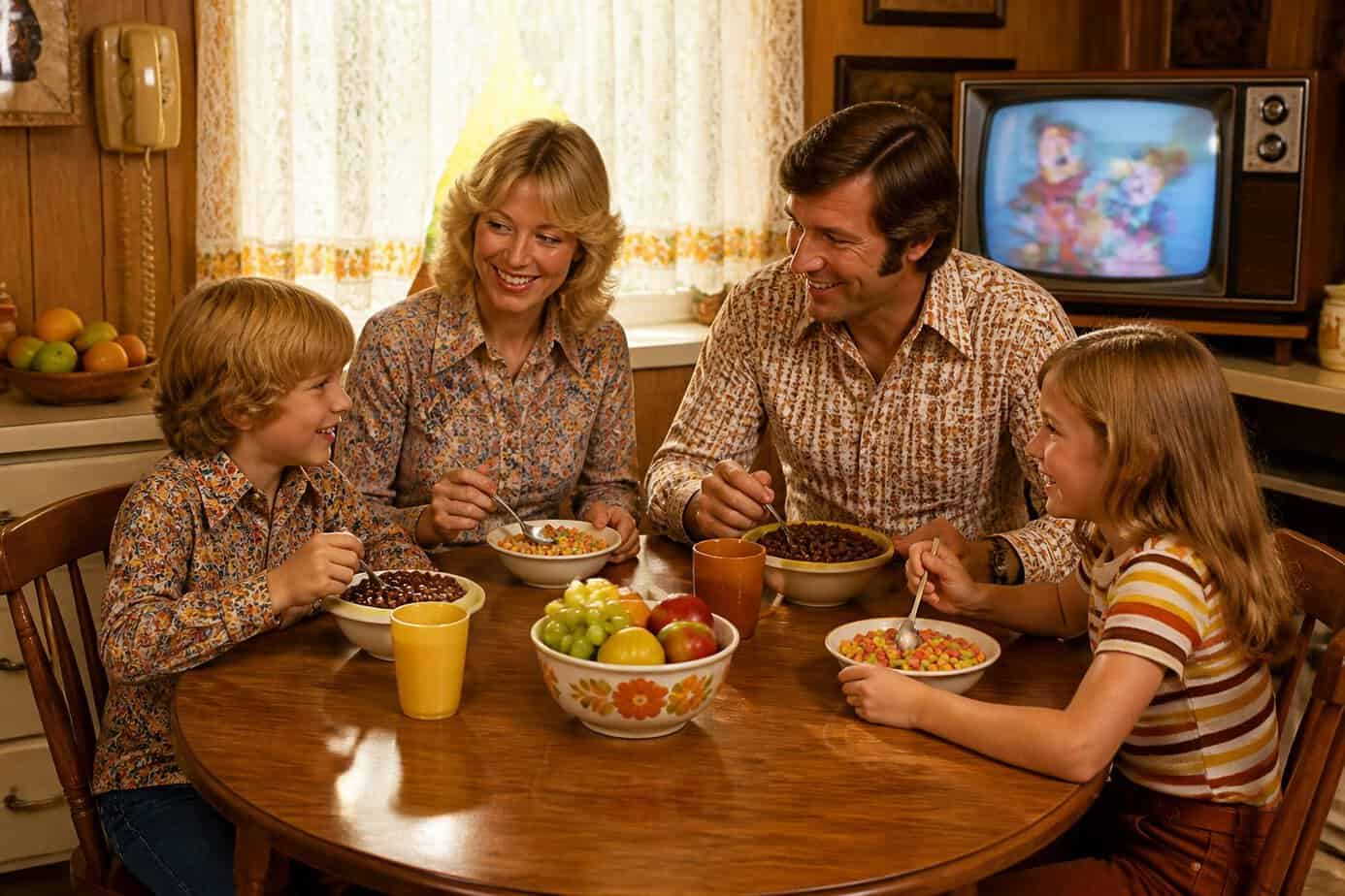 A family of four sitting at a kitchen table with colorful cereal bowls, watching cartoons on a retro television on a Saturday morning.