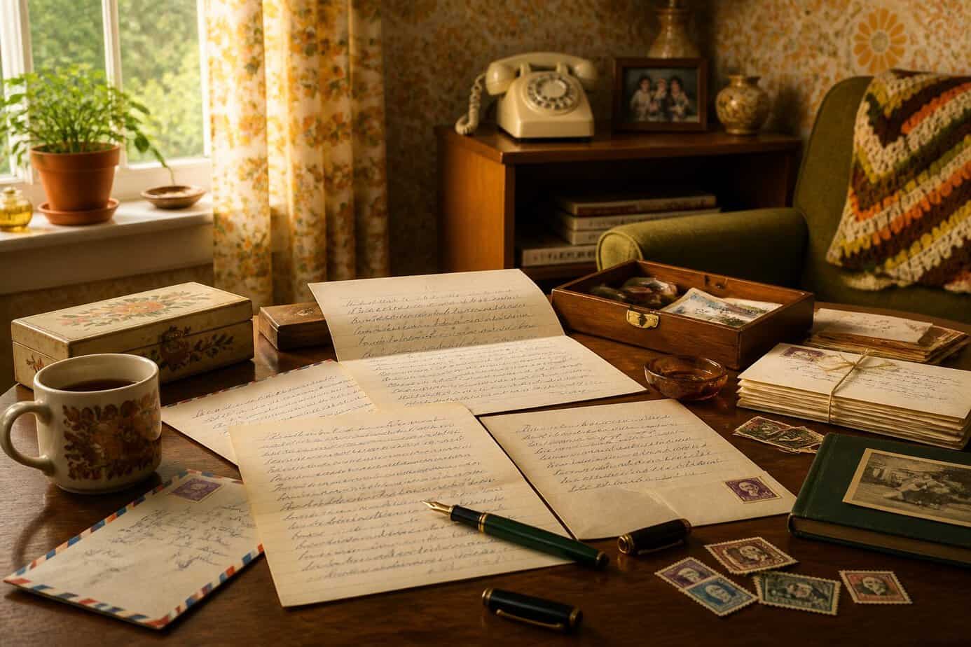 A wooden table with handwritten letters, envelopes, and vintage writing materials in a cozy room with 1970s decor.