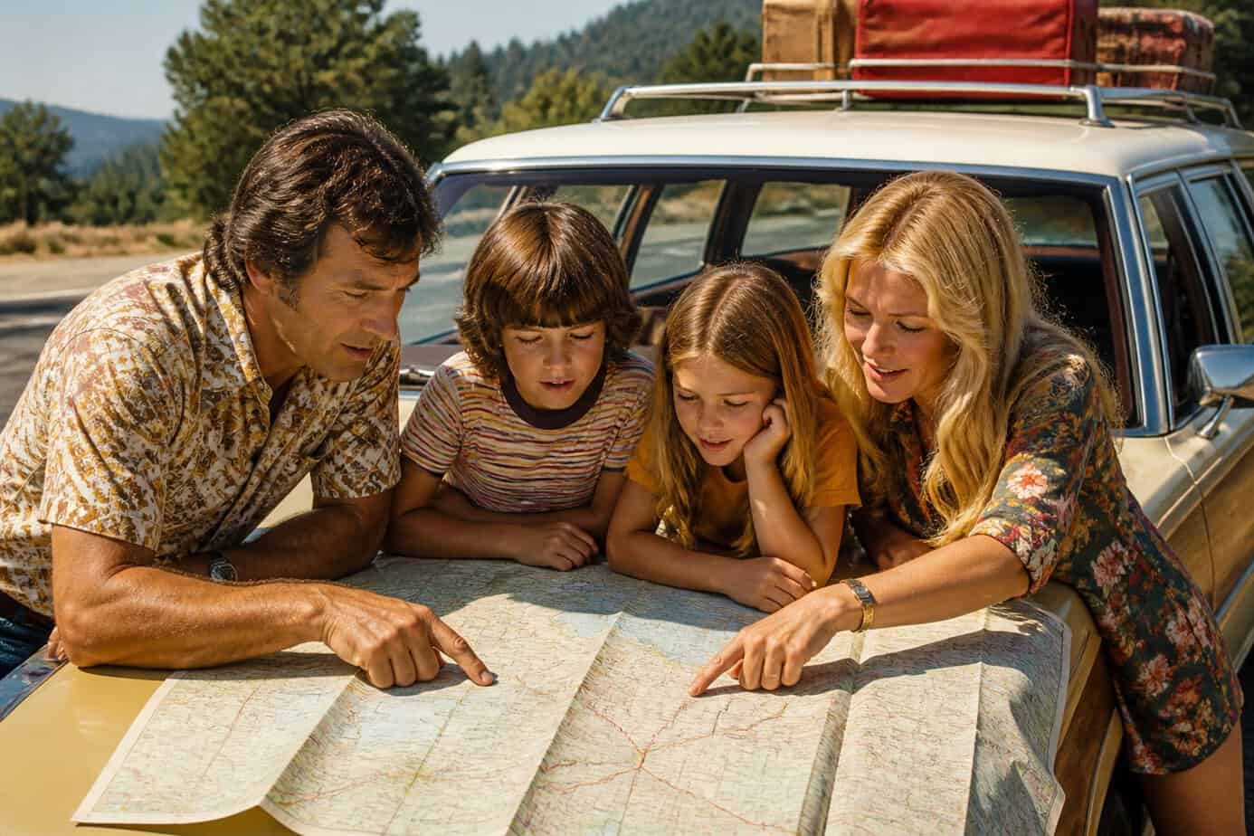 A family of four looking at a large paper map together during a roadside stop on a 1970s road trip.