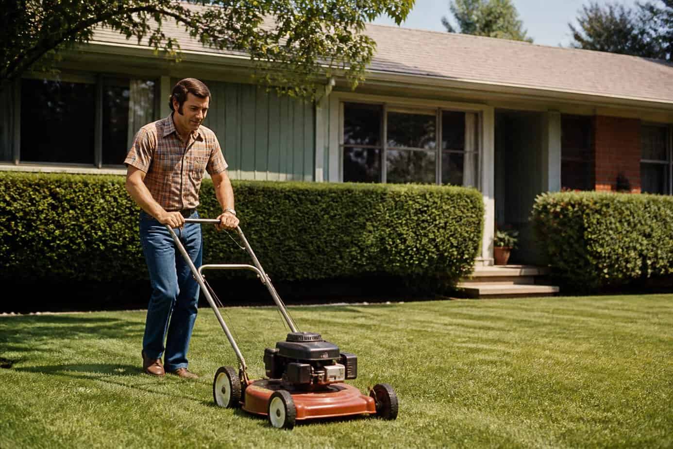 A man mowing the lawn in front of a suburban house on a sunny day.