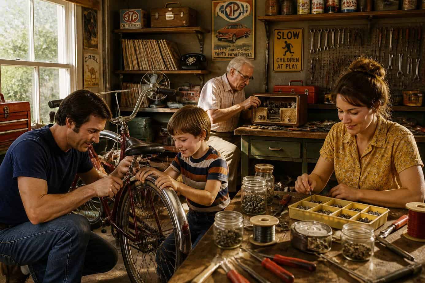 A family repairing and tinkering together in a garage on a sunny afternoon, working on a bicycle and restoring items with tools.