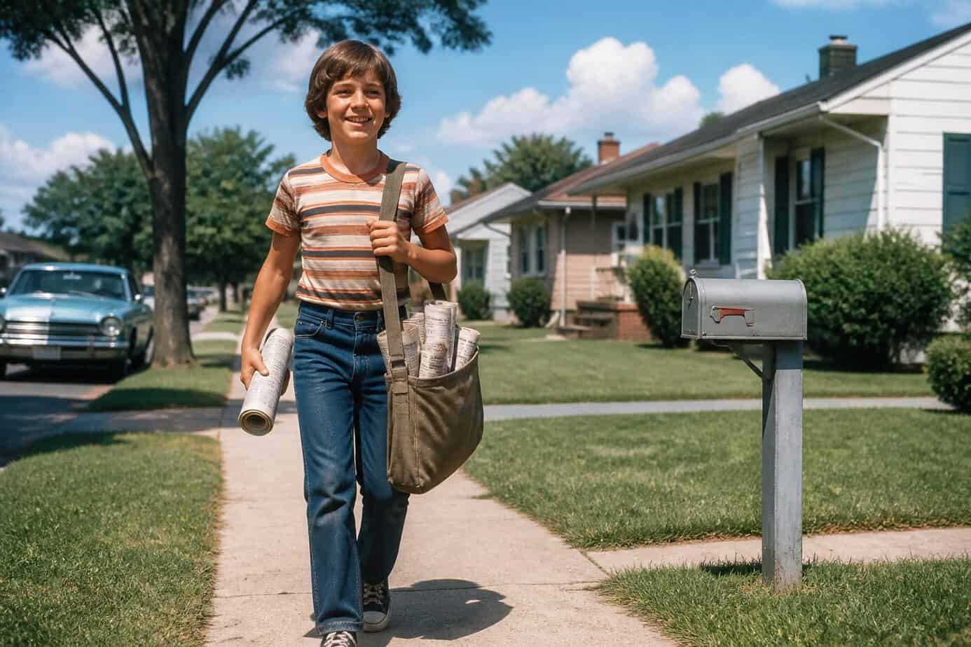 A young boy delivering newspapers on a sunny suburban street lined with trees and vintage houses.