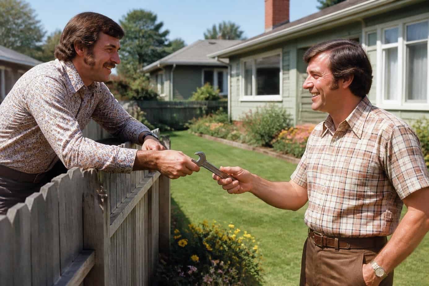 Two neighbors exchanging a hand tool over a wooden fence in a suburban backyard.