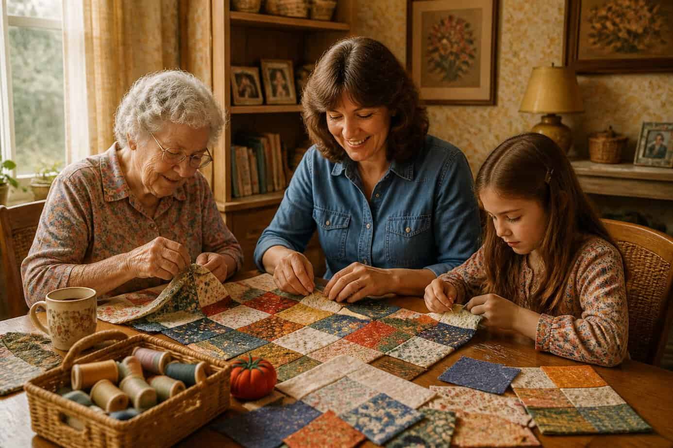 Three generations of a family sewing patchwork quilts together around a wooden table in a cozy room.