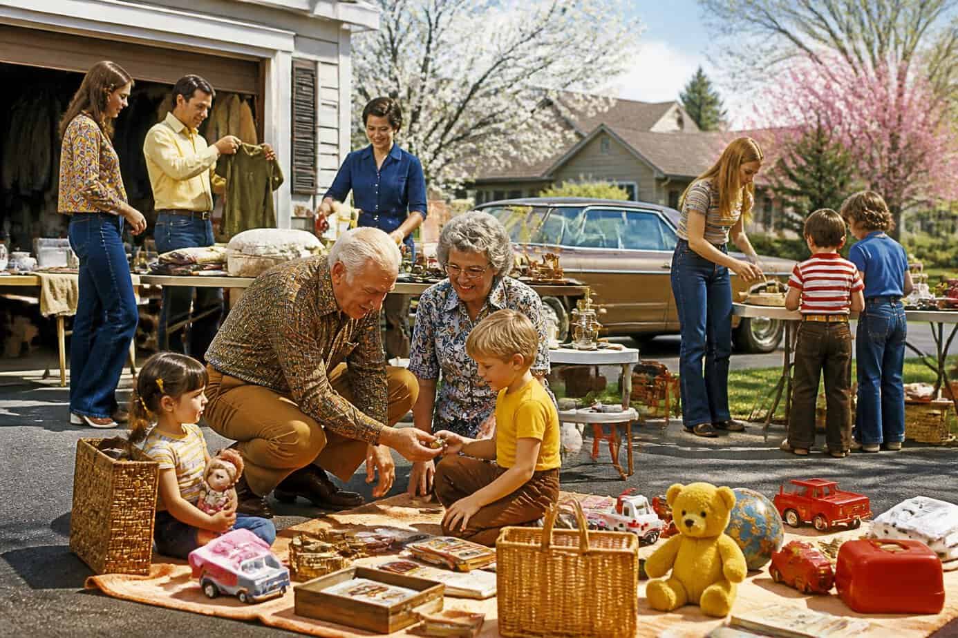 A family of multiple generations hosting a garage sale outdoors with tables of vintage items, children exploring, and blooming trees in the background.