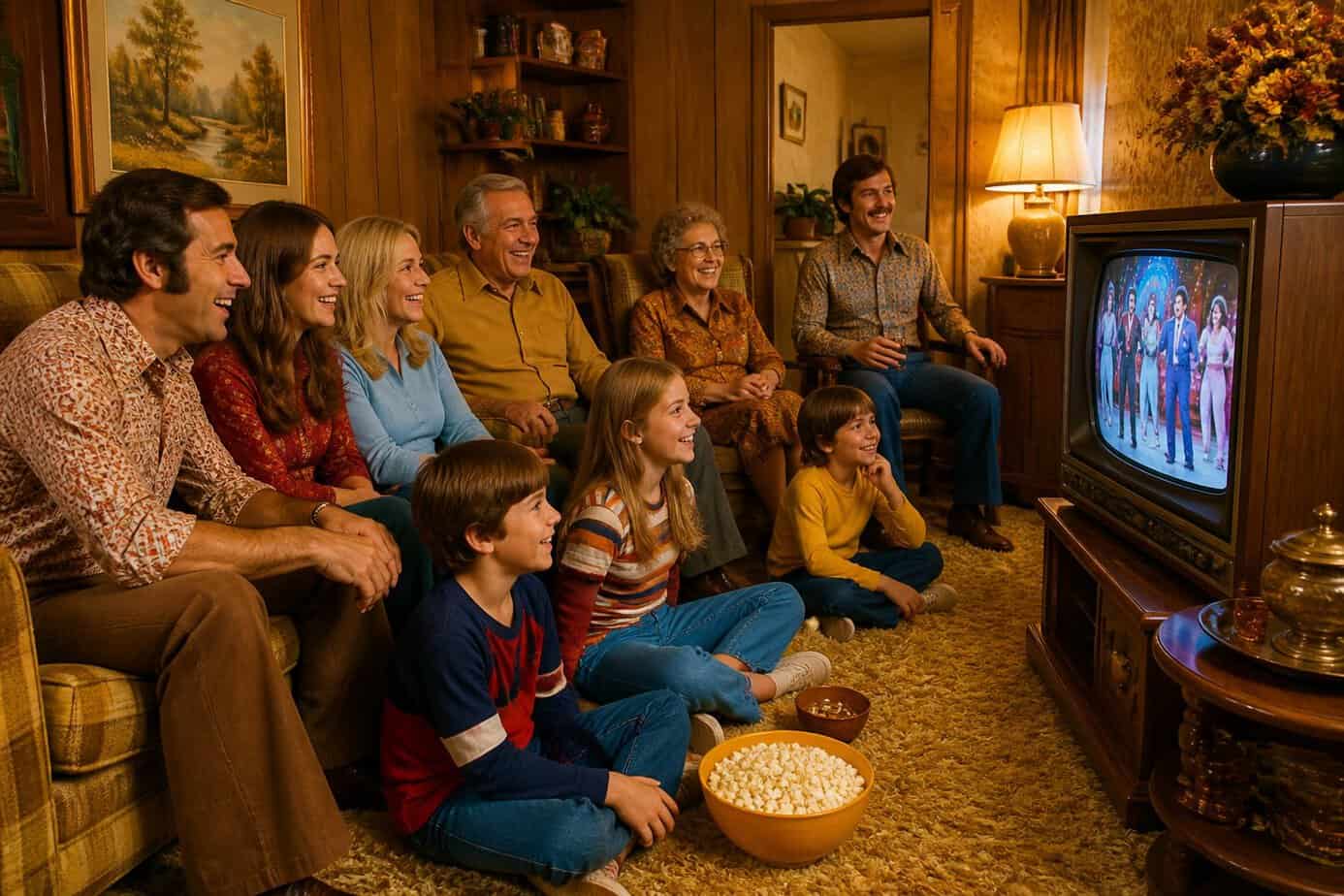 A family from the 1970s sitting together in a living room watching a variety show on a vintage television.