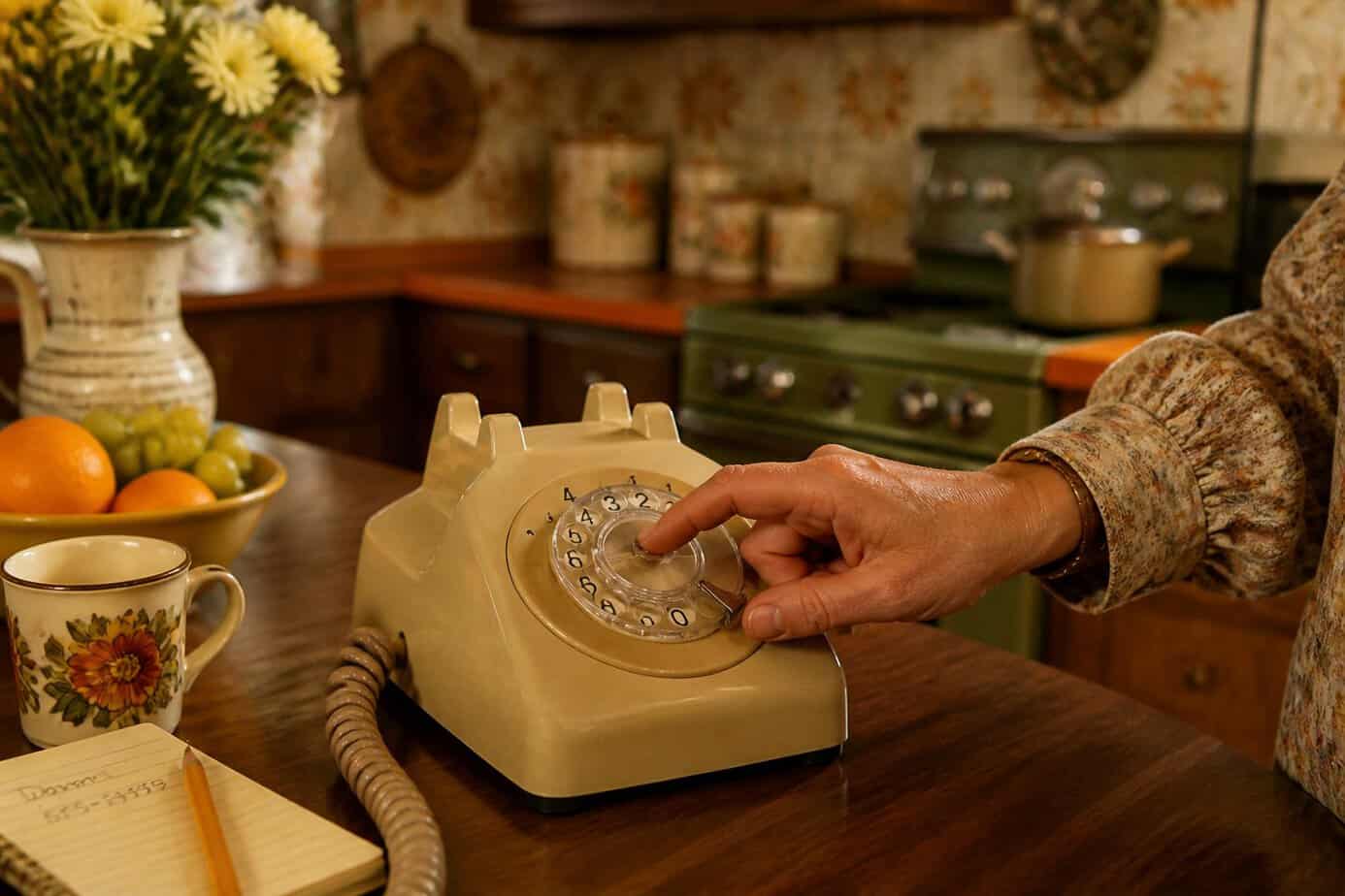 A hand dialing a vintage rotary landline phone in a 1970s style family kitchen with wood-paneled cabinets and retro decor.