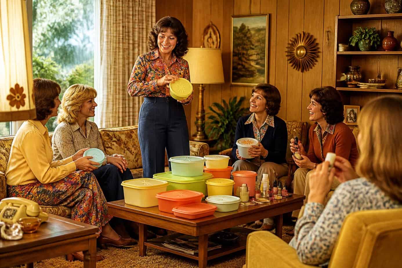 A mom hosting a small group of women at home, showing and selling household products in a cozy 1970s living room.