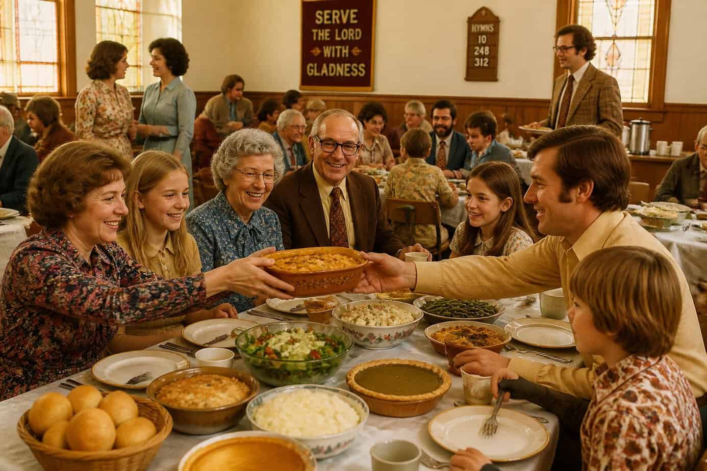 A family of multiple generations sharing a meal together in a church hall after Sunday services.