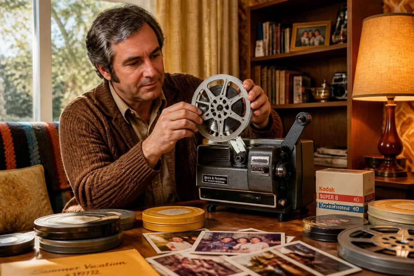 A person handling vintage Super 8 movie reels near a film projector in a cozy living room with 1970s decor.