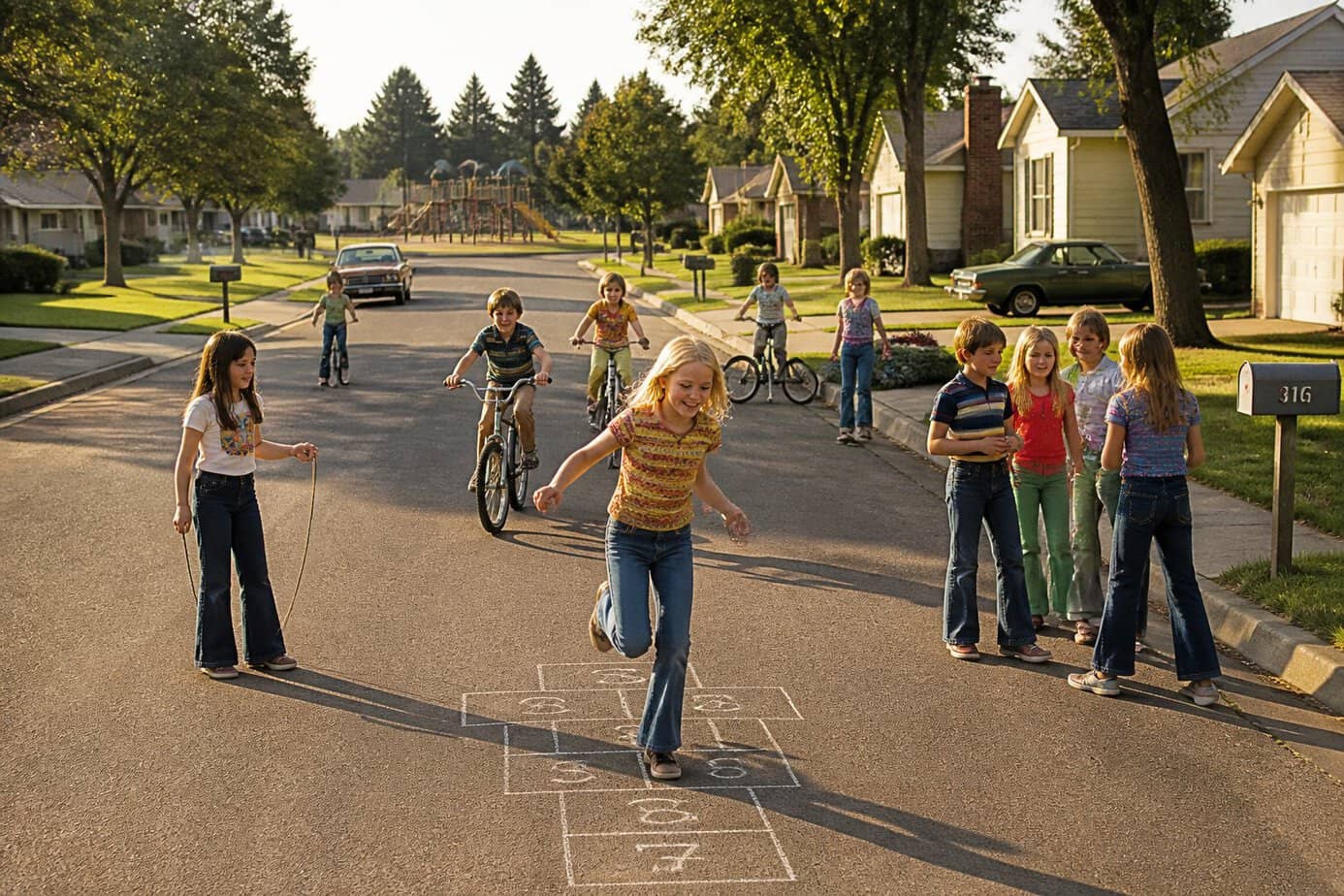 Children playing outside on a quiet suburban street in the 1970s, riding bikes and playing games before dinner.