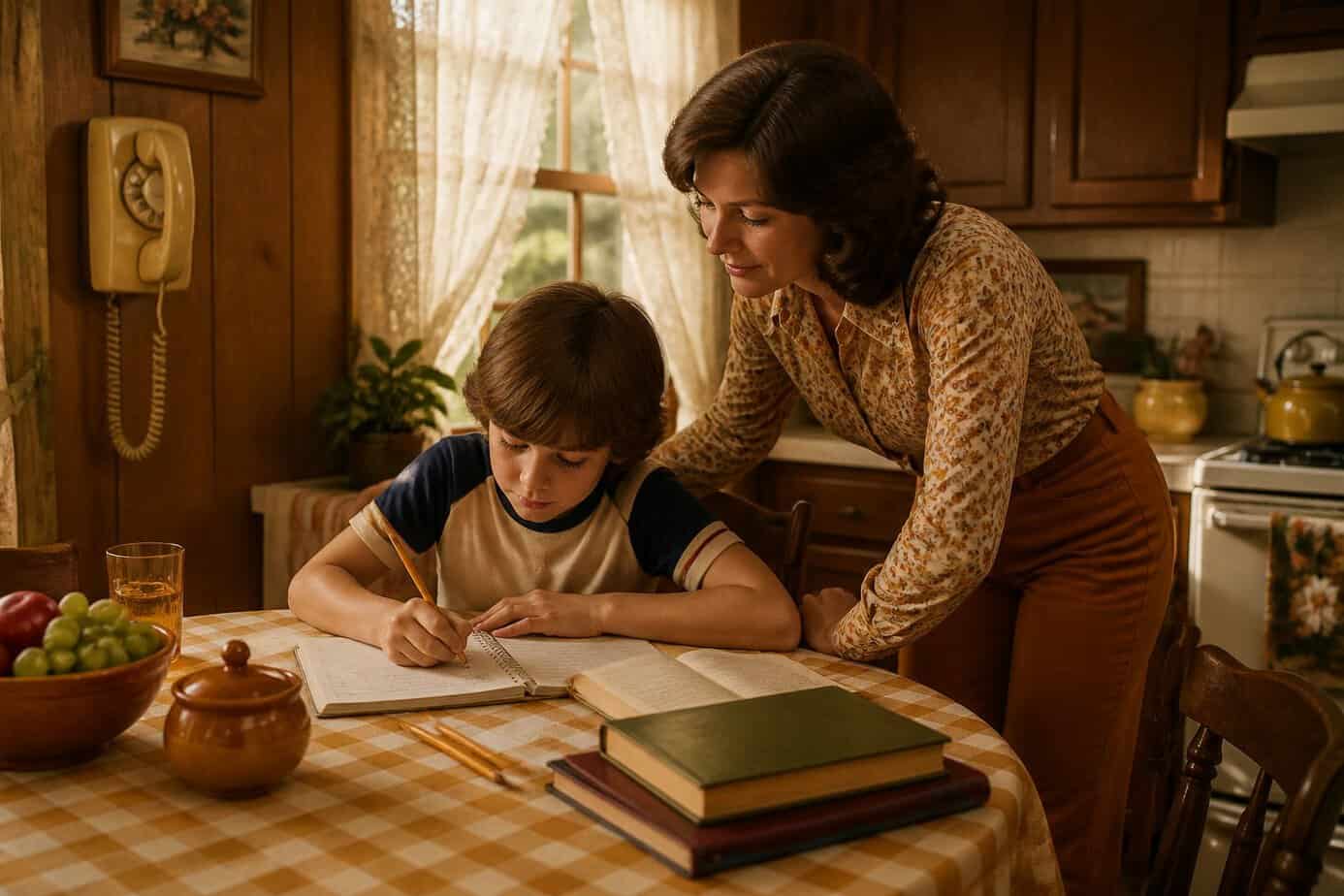 A child doing homework at a kitchen table with a parent watching attentively in a 1970s-style kitchen.