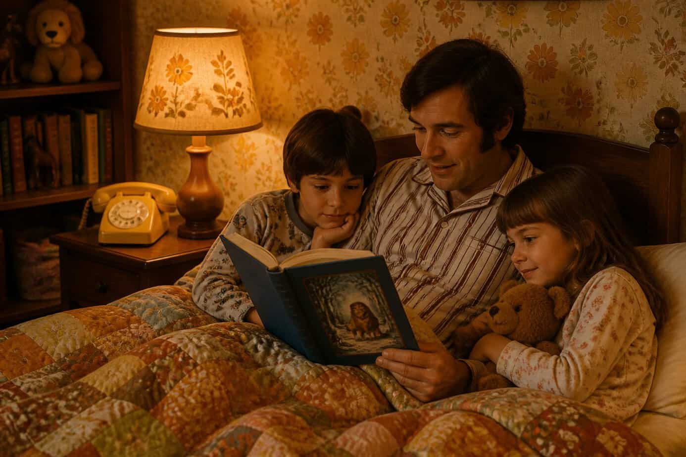 A parent reading a book aloud to two children in bed during a cozy bedtime scene.