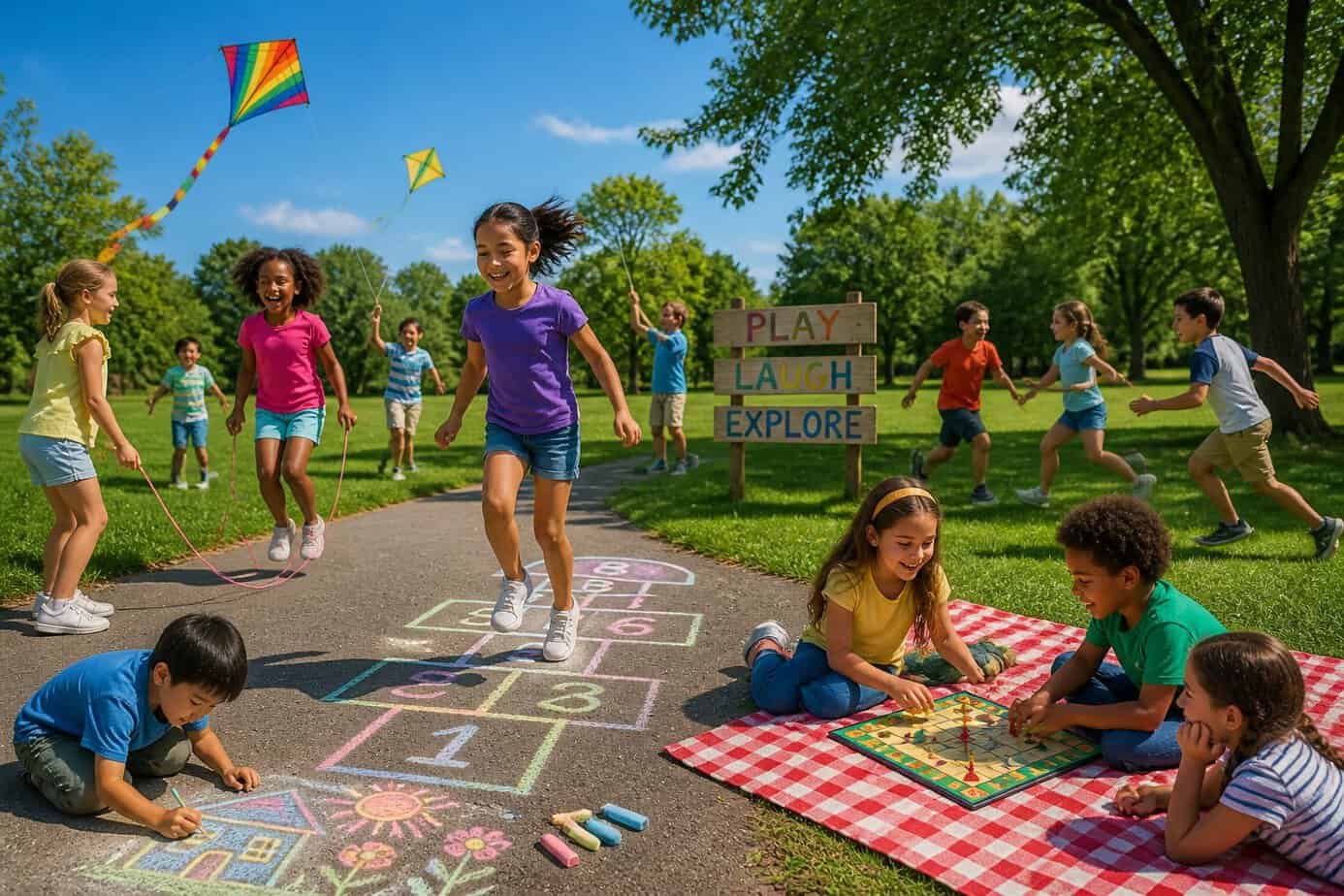 Children playing outdoors in a park, flying kites, skipping rope, playing hopscotch, and enjoying various traditional games together.
