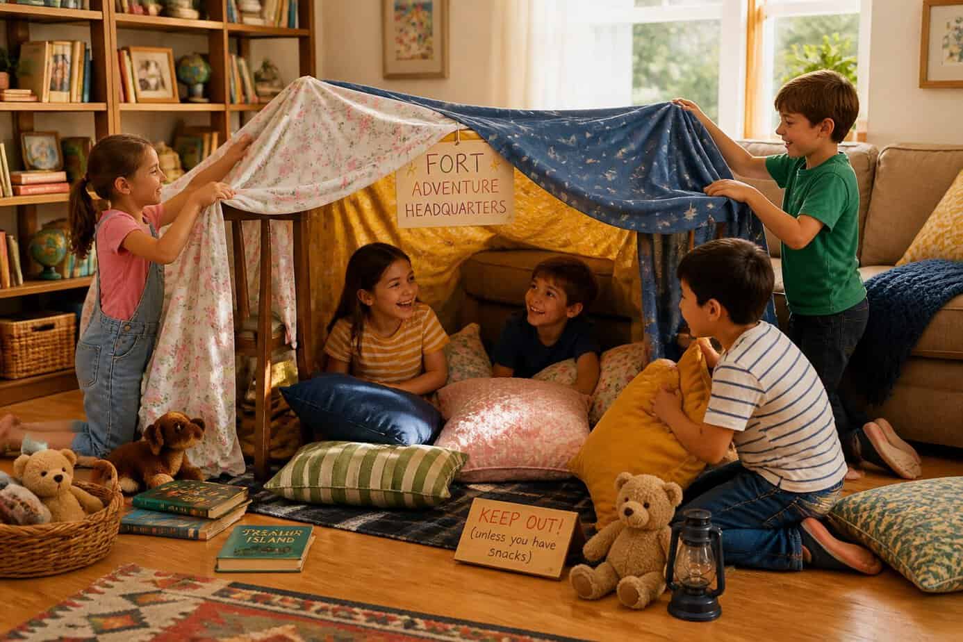 Children happily building a blanket fort indoors using sheets and pillows in a cozy living room.