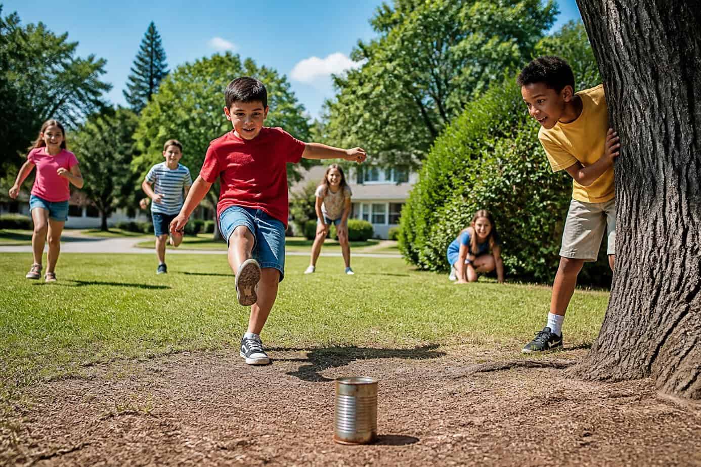 A group of children playing kick the can outside on a sunny day in a neighborhood.