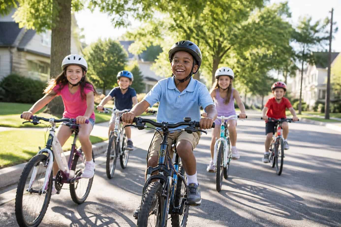 Children riding bicycles and having fun together in a quiet neighborhood street on a sunny day.