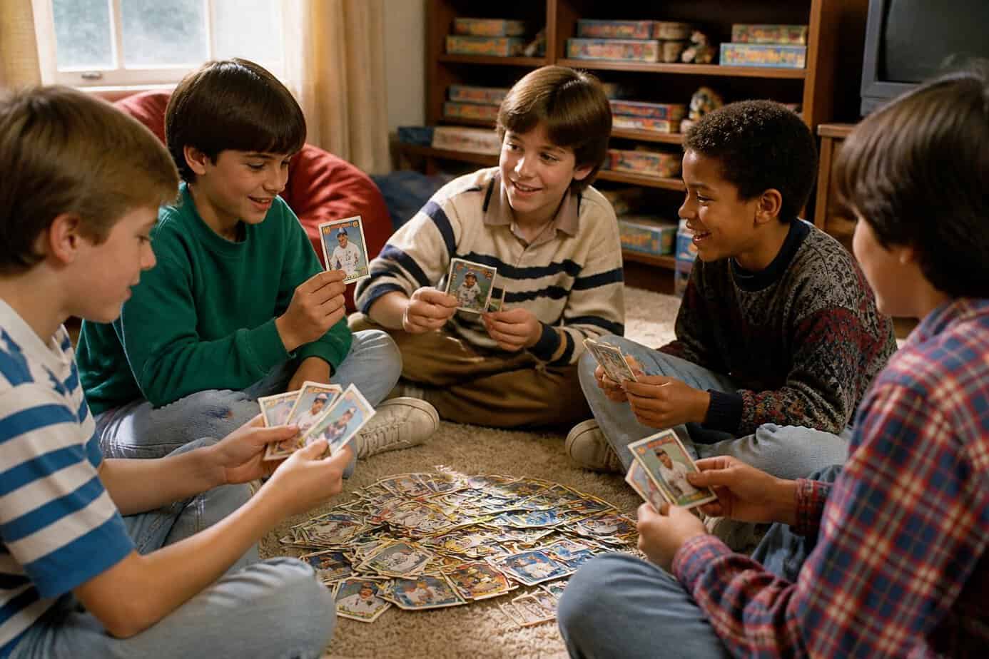 Children sitting together indoors, happily trading and looking at baseball cards.