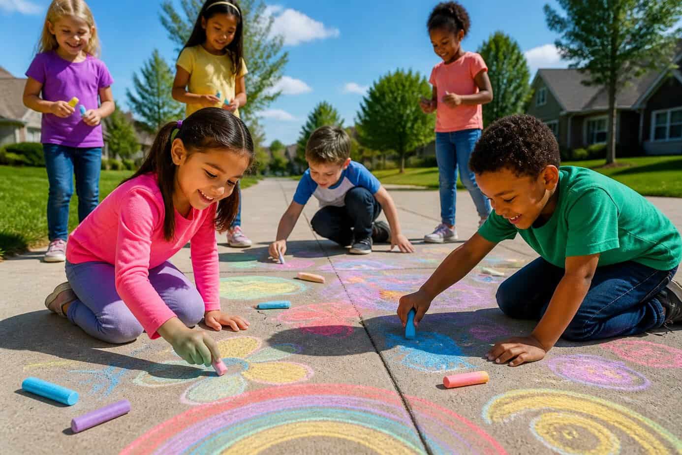 Children drawing colorful chalk murals on a sidewalk outdoors on a sunny day.