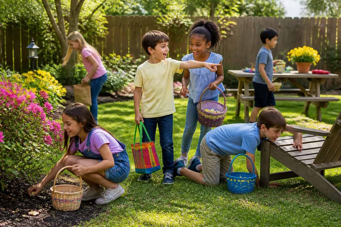 Children playing a scavenger hunt in a sunny backyard, searching for hidden objects among grass and plants.