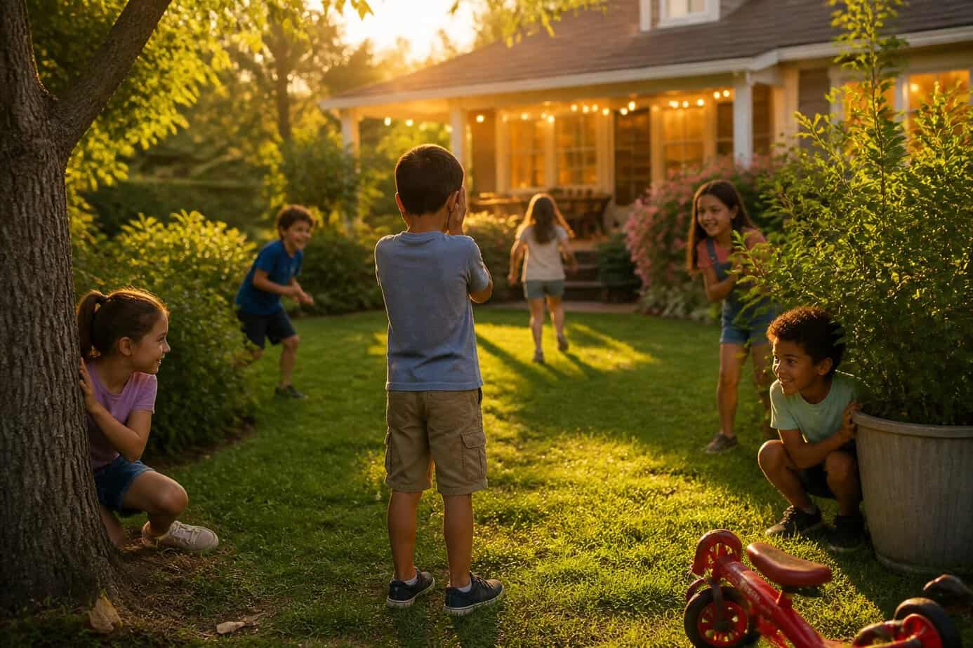 Children playing hide-and-seek outdoors in a backyard during sunset.
