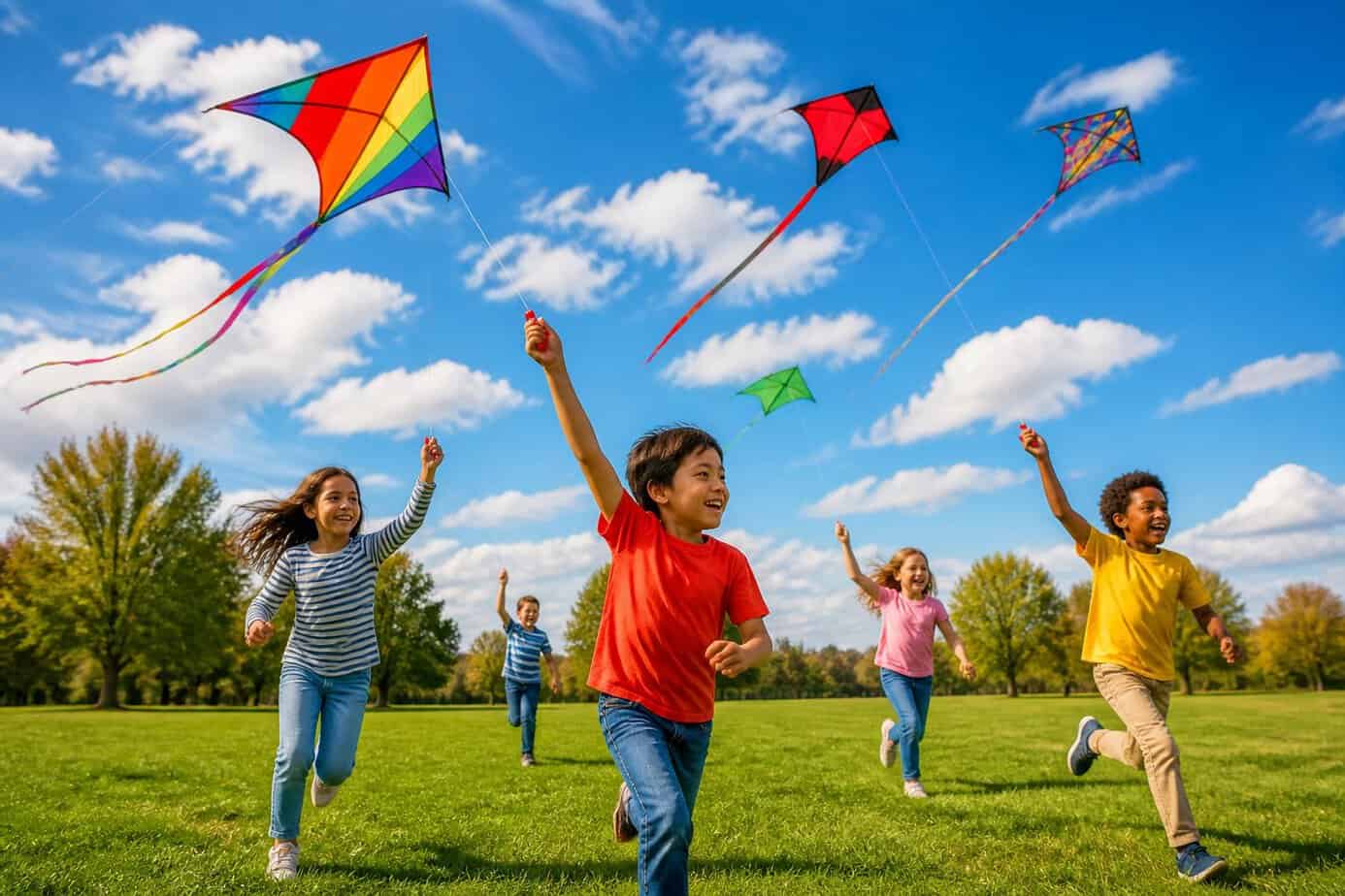 Children flying colorful kites on a windy day in a green park, smiling and running under a blue sky with clouds.