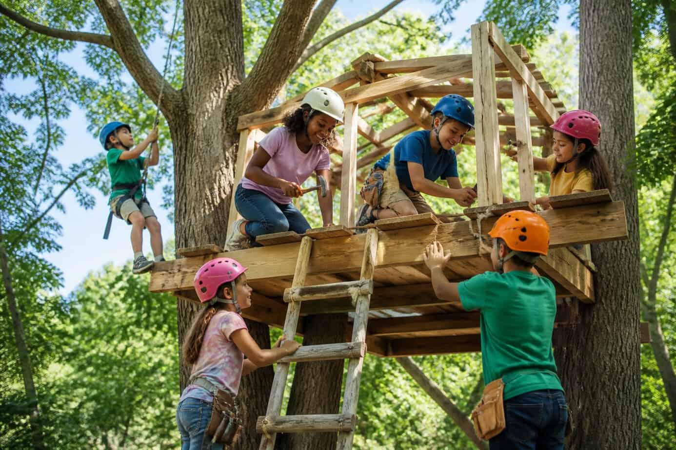 Children climbing trees and building a wooden treehouse together in a green forest on a sunny day.