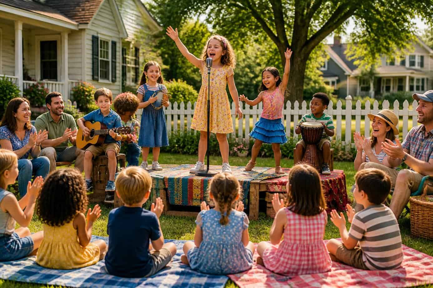 Children performing a neighborhood talent show outdoors with an audience of kids and parents watching and clapping.