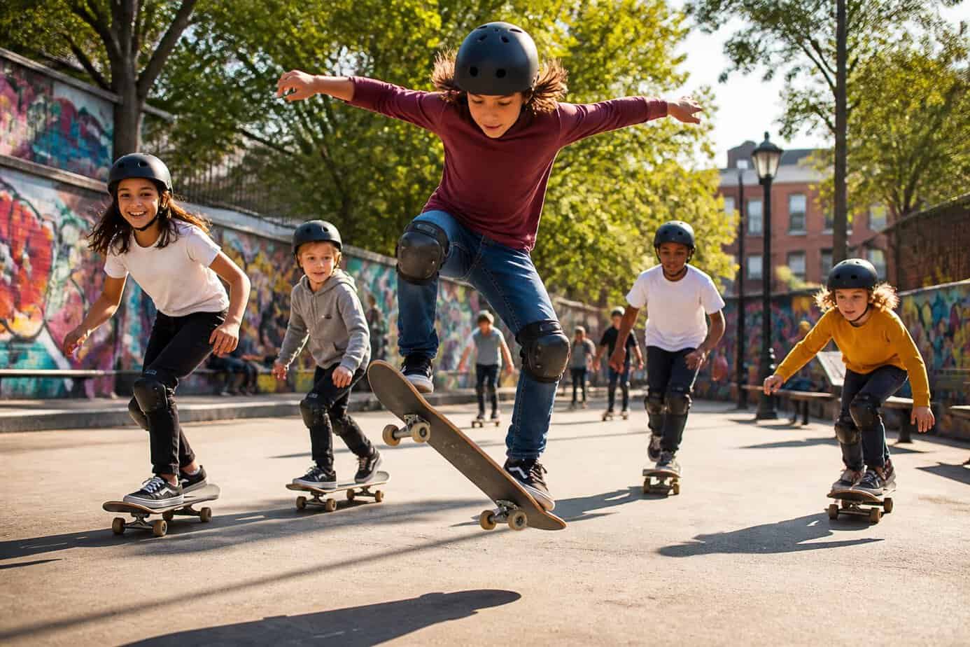 Children skateboarding and playing together at a local neighborhood spot on a sunny day.