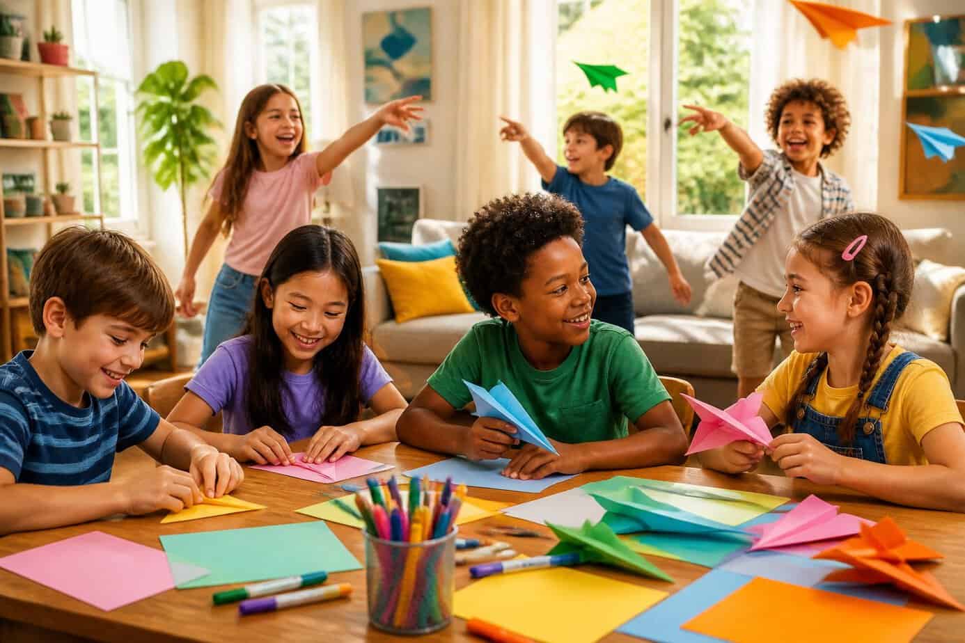 A group of children folding and flying paper airplanes indoors, smiling and playing together.