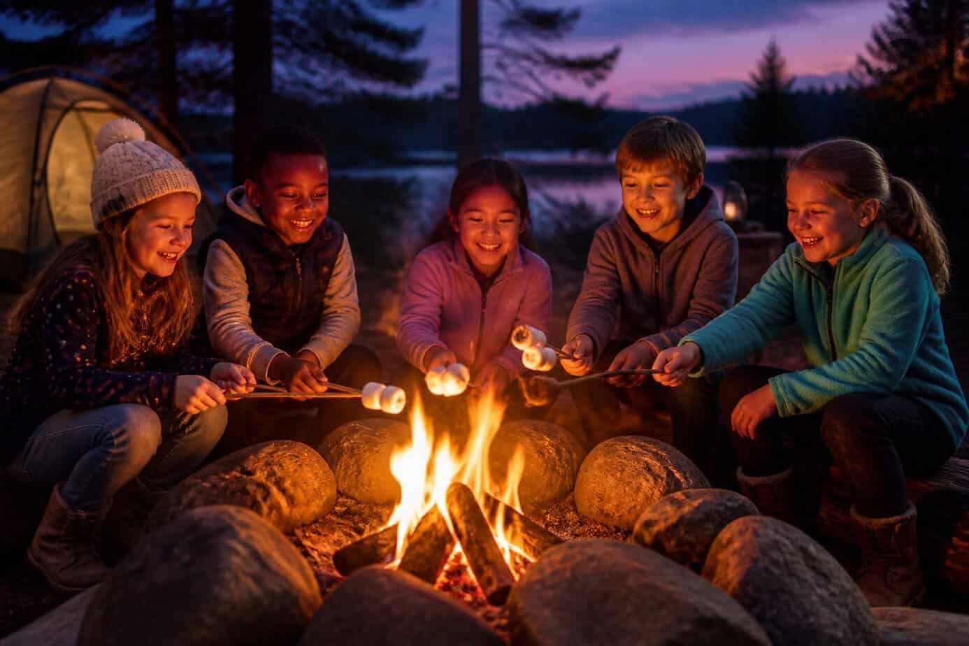 Children roasting marshmallows over a campfire outdoors at dusk.
