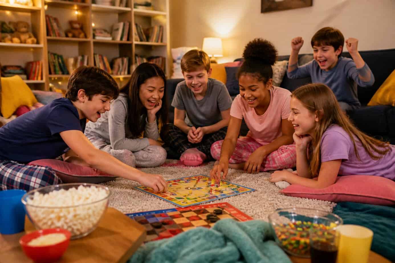 A group of children playing board games together during a sleepover in a cozy living room.