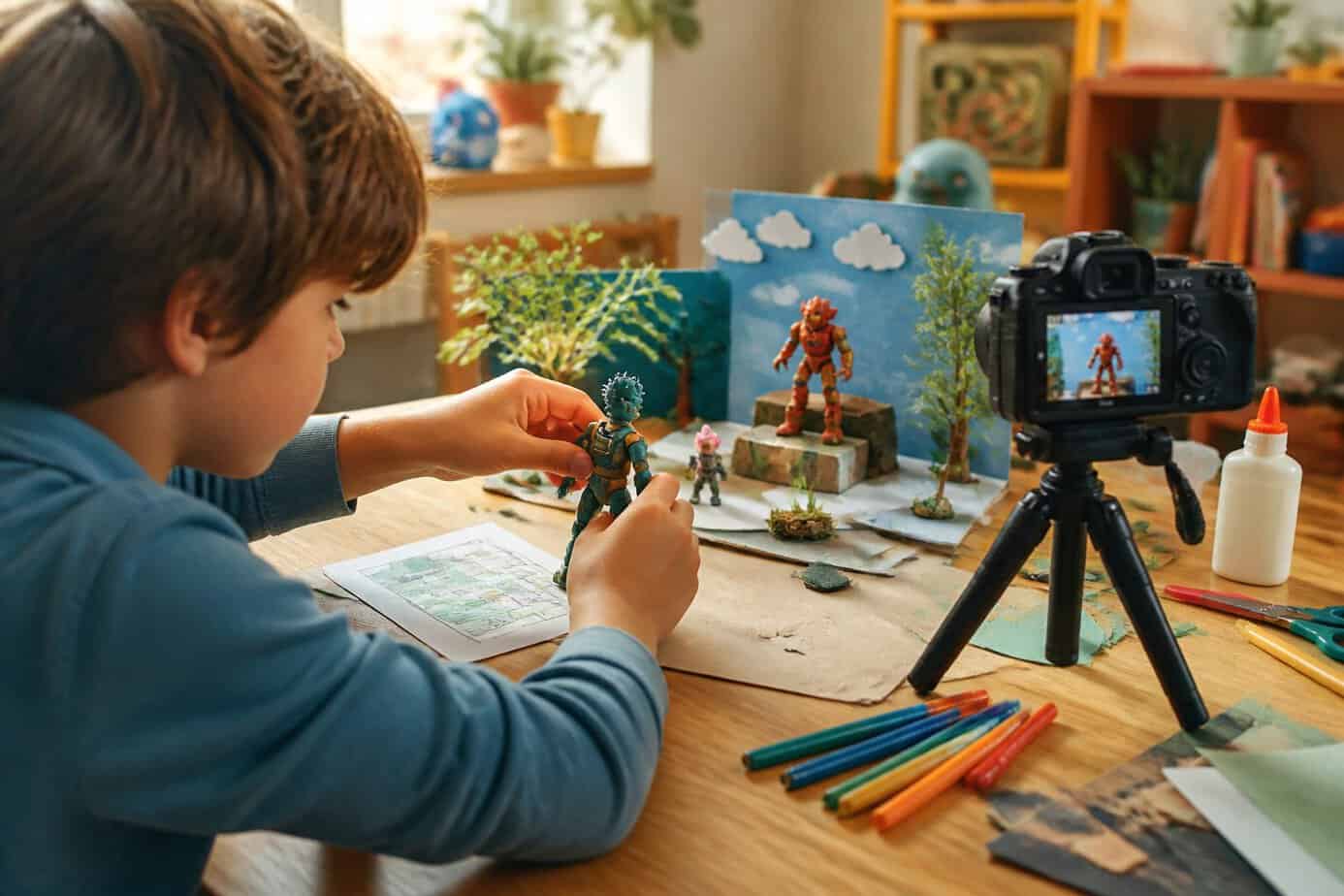 Child's hands arranging colorful toy figures and miniature props on a table for stop-motion animation.