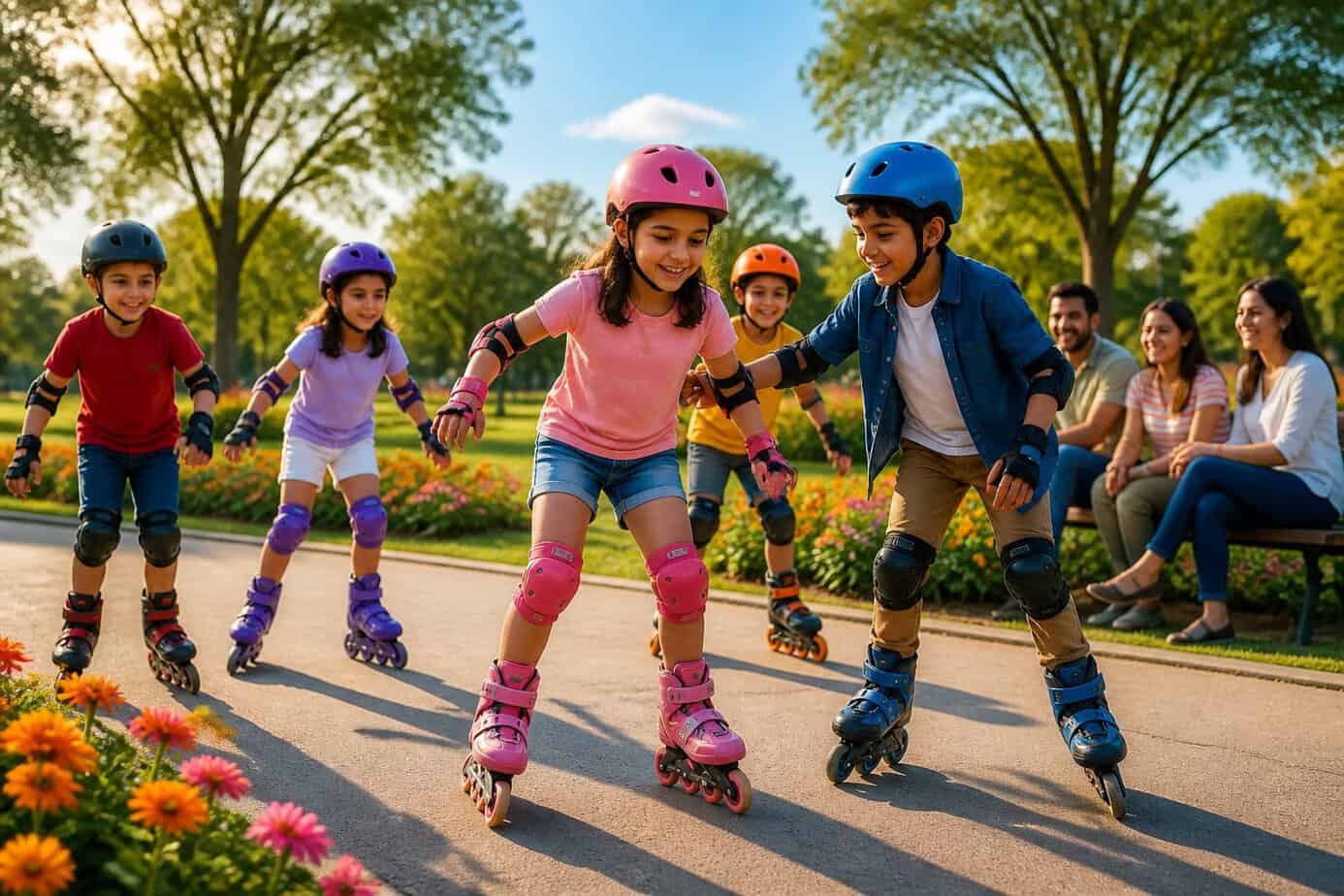 Children roller skating together on a paved path in a sunny park, wearing protective gear and enjoying themselves outdoors.