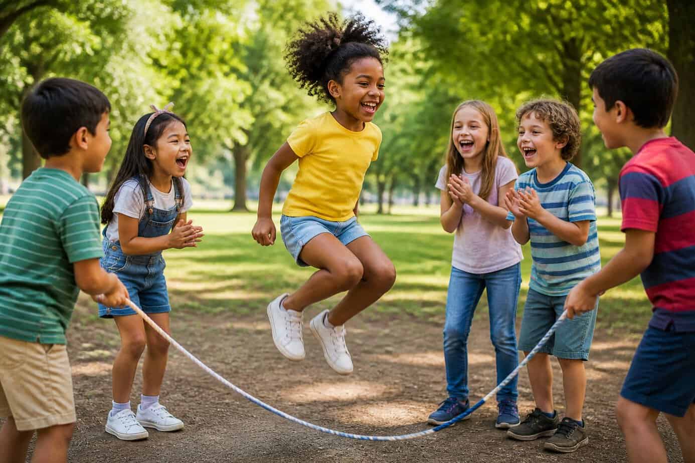 A group of children skipping rope together outdoors, smiling and playing in a park.