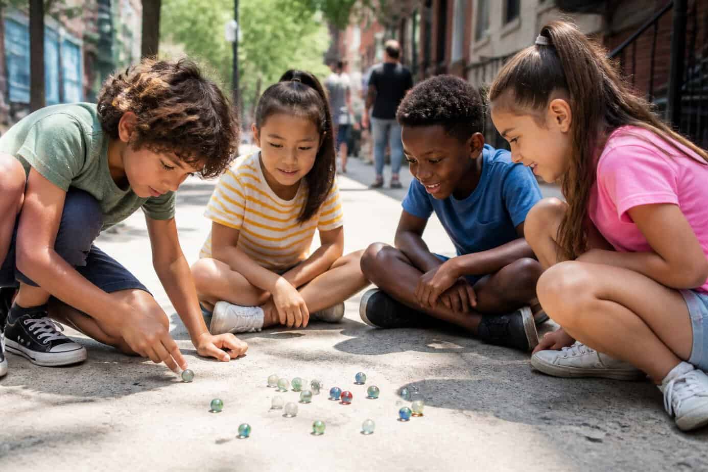 A group of children playing marbles together on a city sidewalk on a sunny day.