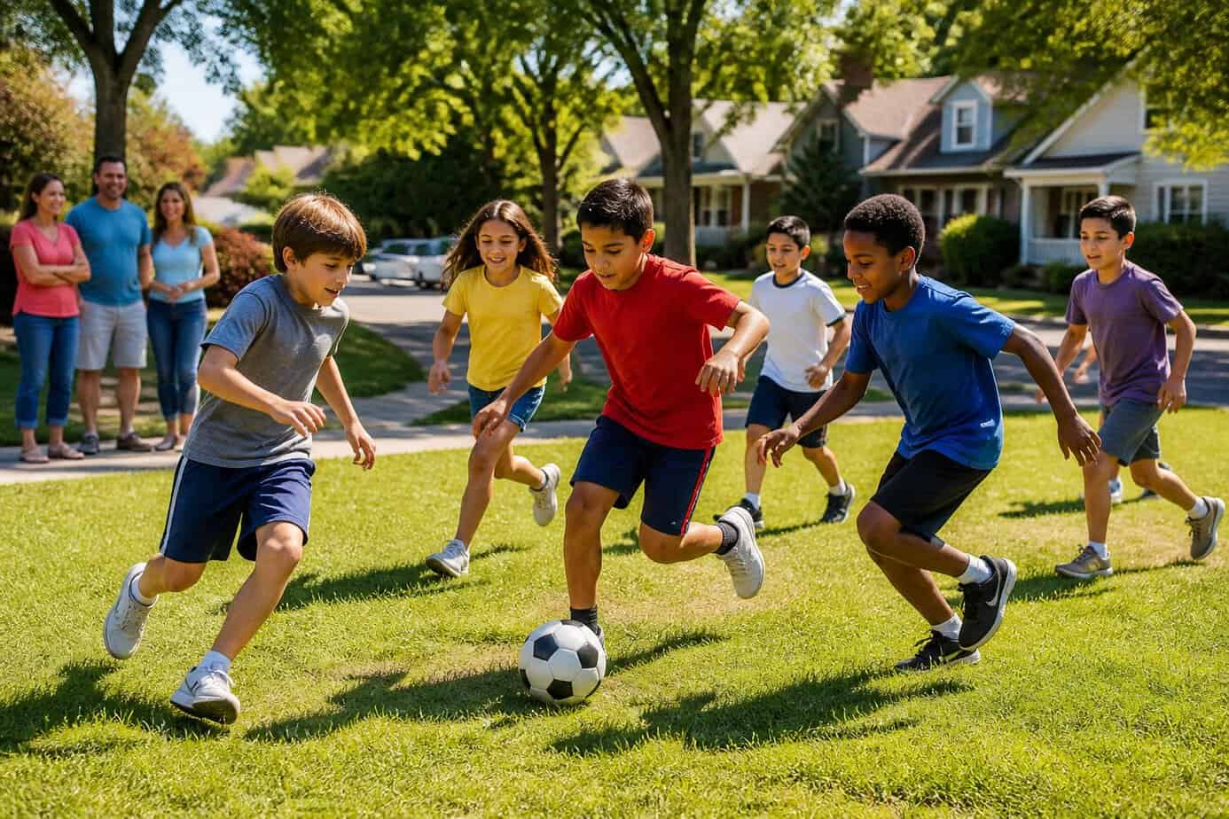 Children playing an impromptu neighborhood soccer game on a sunny street surrounded by houses and trees.