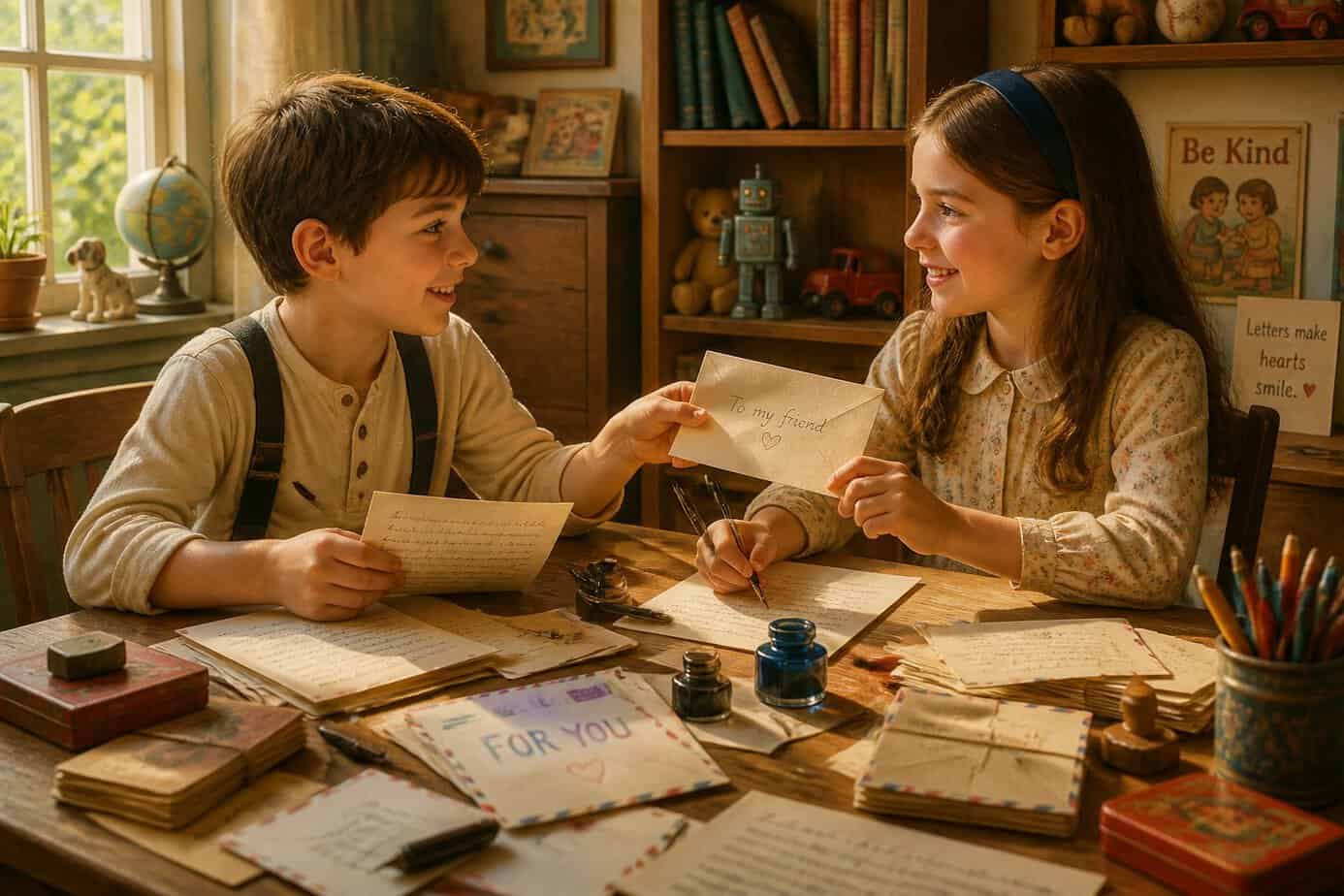 Two children sitting at a table writing and exchanging handwritten letters in a cozy room.