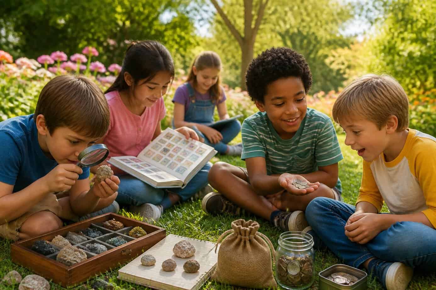 Children outdoors collecting rocks, stamps, and coins, enjoying their hobbies together on a sunny day.