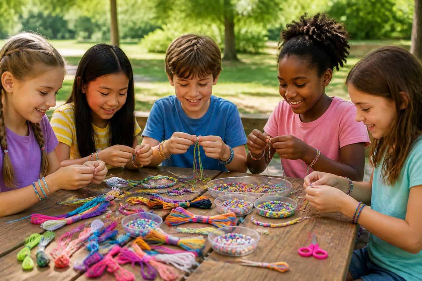 Children sitting around a table outdoors making colorful friendship bracelets with threads and beads.