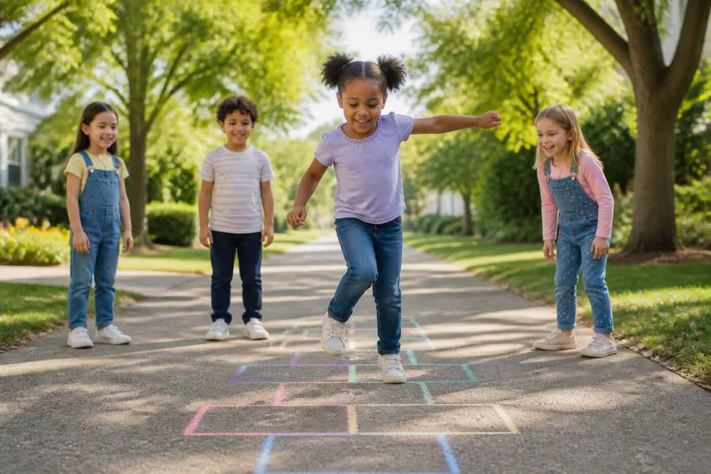 Children playing hopscotch on a chalk-drawn grid outdoors on a sunny day.