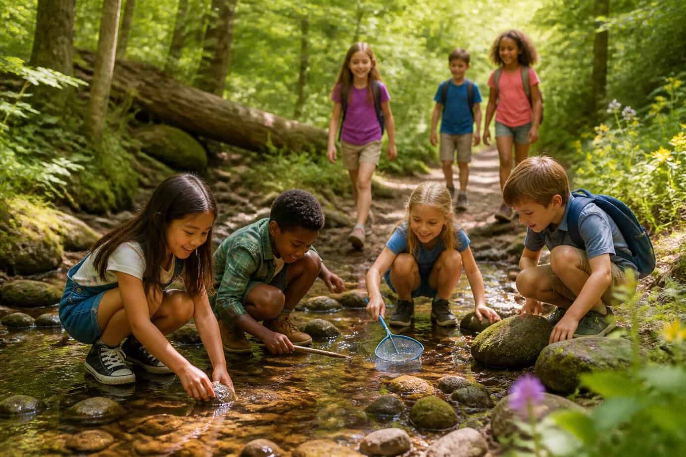 Children exploring a creek and walking on a forest trail surrounded by trees and plants on a sunny day.