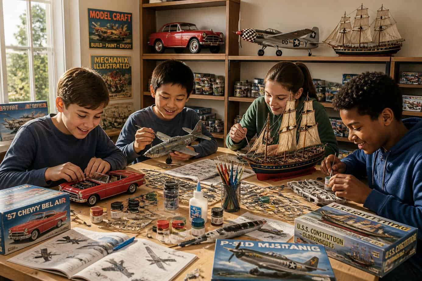 Children building model car, plane, and ship kits together at a table indoors.