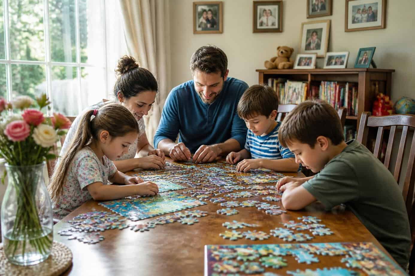 Children and adults sitting around a dining table working together on jigsaw puzzles.