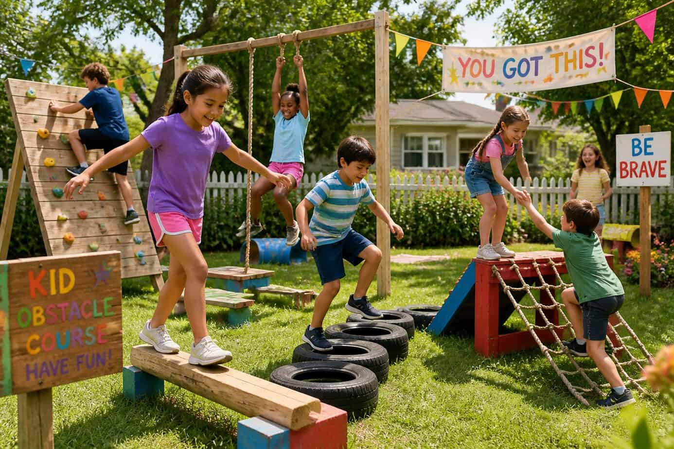 Children playing on a homemade backyard obstacle course with ropes, tires, and wooden beams on a sunny day.