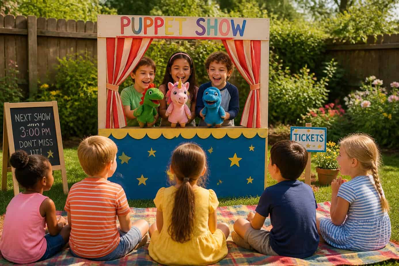 Children performing a puppet show in a sunny backyard with other kids watching and enjoying the performance.