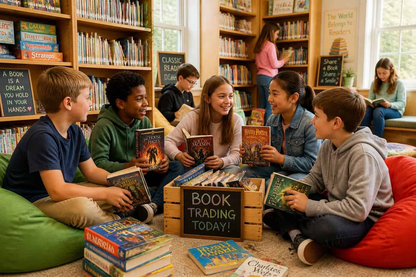 Children reading and trading books together in a cozy library setting.