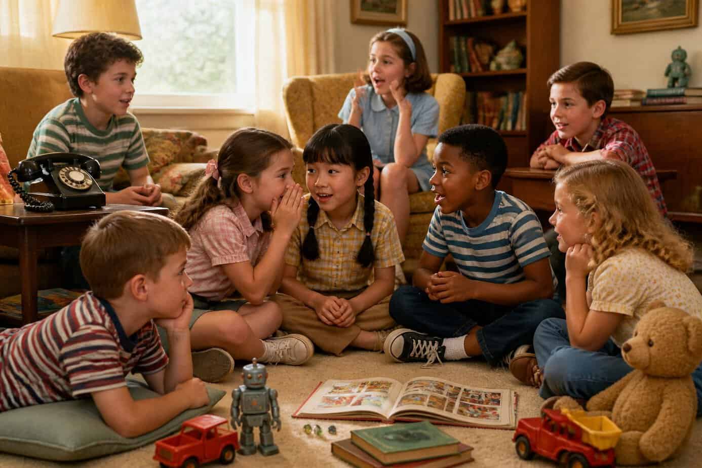 Children sitting together indoors, memorizing and reciting phone numbers, surrounded by toys and books.