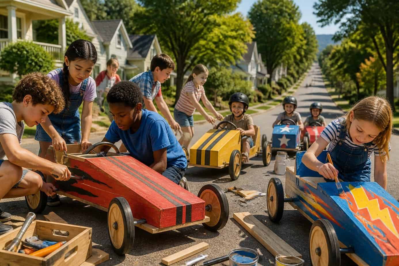 Children building and racing handmade soapbox derby cars outdoors on a sunny street.